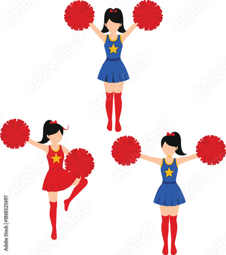 Colorful cheerleader vector illustration set with pom poms showing energetic poses isolated on white background