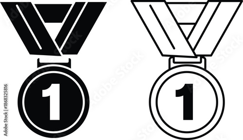 Black and white first place medal with ribbon and number one winner competition