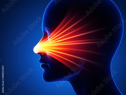Glowing orange light rays emanating from human nose profile on blue background head