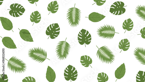 Seamless pattern of various green tropical leaves on a white background, evoking a sense of nature and the outdoors.