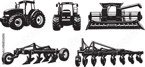 Agricultural Tractors and Farm Equipment Silhouette