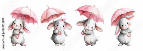 Watercolor set of spring bunnies with pink umbrella. Cute bunny drawing for Easter cards, nursery decor or birthday design. Vector illustration.