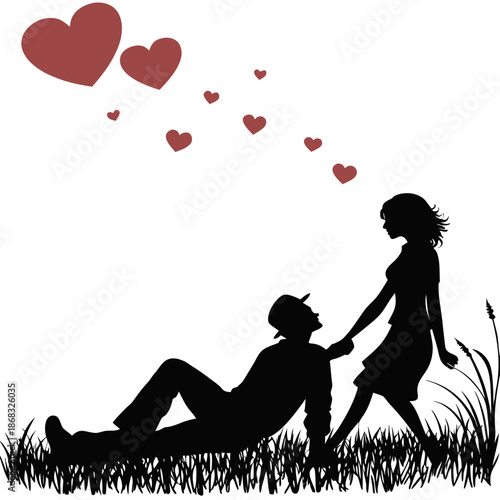Couple holding hands in a grassy field with floating hearts around them