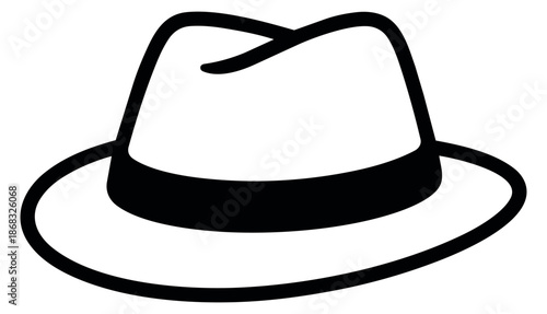 Bold line art illustration of a fedora hat depicting a classic fashion accessory for clothing and style themes