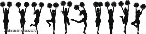 Cheerleader silhouette set with pom poms showing energetic jumping and dancing poses isolated on white background