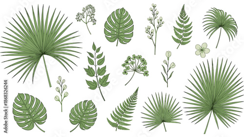 Collection of various green tropical leaves and small flowers, including palm leaves and ferns, arranged artistically.