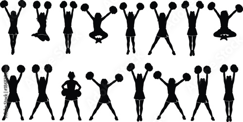 Cheerleader silhouette collection with pom poms in energetic jumping and standing poses isolated on white background