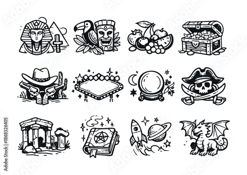Set of hand-drawn doodle icons featuring ancient artifacts, treasure chest, cowboy hat, crystal ball, pirate skull, magic book, rocket, planet, and dragon