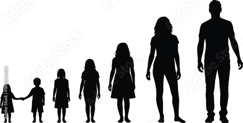 Silhouettes of a family showing growth from child to adult on white background girl