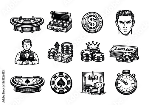 Black and white casino gambling icons set featuring roulette, poker chips, cash stacks, coin symbol, dealer, luxury lounge, and stopwatch