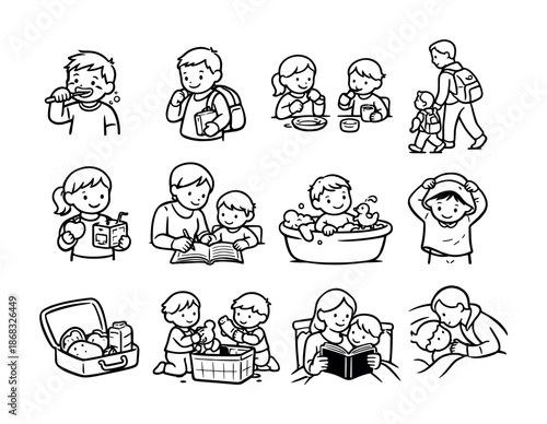 Black and white line art set of parents and children doing daily routines, including eating, reading, bathing, walking, playing, and lunchbox packing