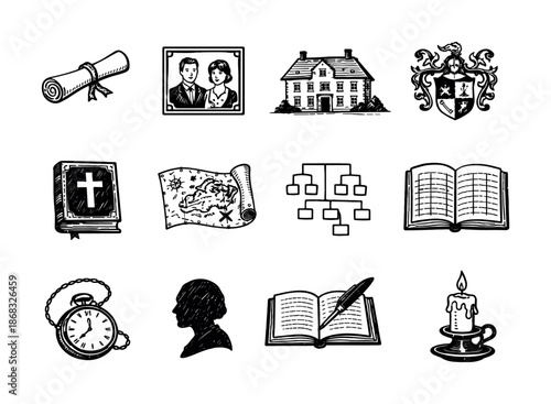 Vintage black and white family history icons set featuring diploma, portrait, house, crest, bible, map, family tree, clock, silhouette, quill