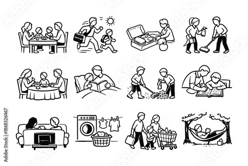 Black and white line icons showing everyday family activities including meals, playtime, errands, cleaning, laundry, shopping, reading, and relaxing