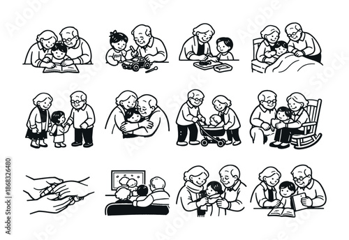 Collection of line art scenes showing grandparents and grandchildren bonding through reading, hugs, caregiving, playtime, and family togetherness
