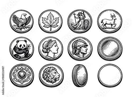 Vintage engraved coin set with wildlife, maple leaf, classical figures, portraits, decorative emblems, and blank round medallion designs