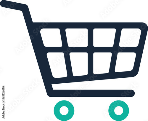 Dark blue shopping cart with teal wheels on white background trolley ecommerce