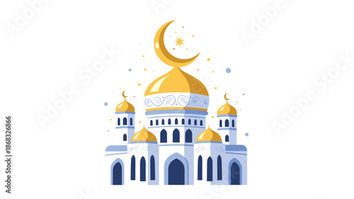A beautifully illustrated mosque with golden domes and intricate designs, featuring a crescent moon on top.