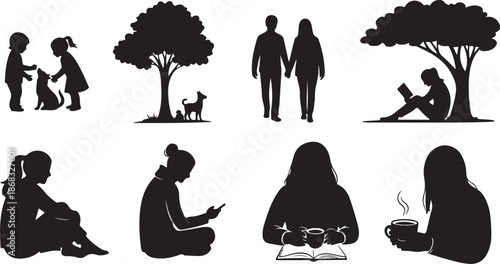 Silhouettes of people in various daily life activities