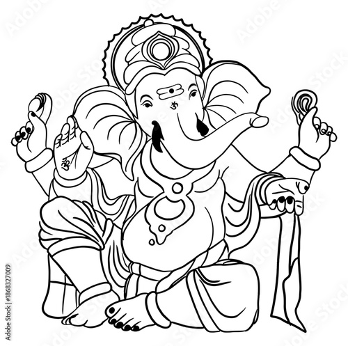Lord Ganesha line art vector illustration, traditional Hindu god Ganpati black and white drawing for coloring book and spiritual design.