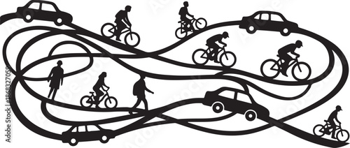 Busy Road with Cyclists and Cars Silhouette