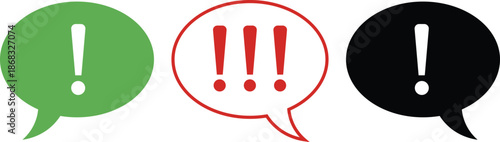 Green red and black speech bubbles with exclamation marks alert warning