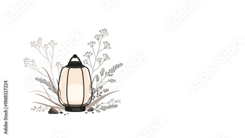 A glowing lantern surrounded by delicate dried grasses and small pebbles, evoking a rustic and natural ambiance.