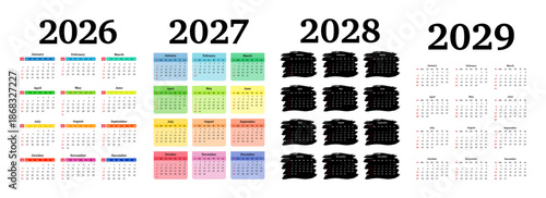 Set of calendars for 2026, 2027, 2028 and 2029 on a white background