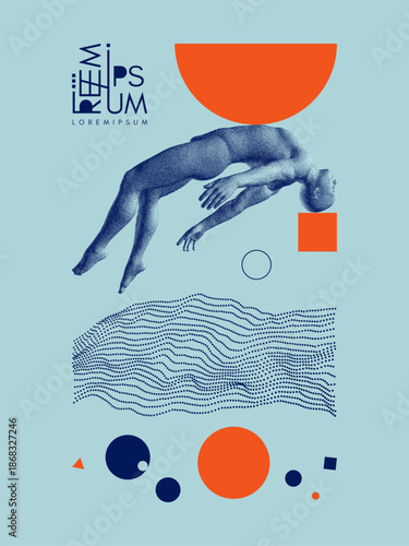 Art composition. 3D model of human body floating in virtual space. Hovering in the air. Astral travelling outside the body. Spiritual concept of reincarnation. Man meets eternal. Vector for design.