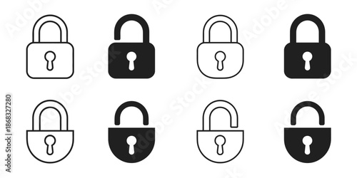 Lock padlock icon set showing security and privacy symbols, closed and open padlock designs in clean minimal vector style for apps, ui interfaces, websites and technology graphics.