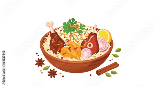 An inviting illustration of a bowl of biryani with lamb, fried onions, lemon, and spices like star anise.