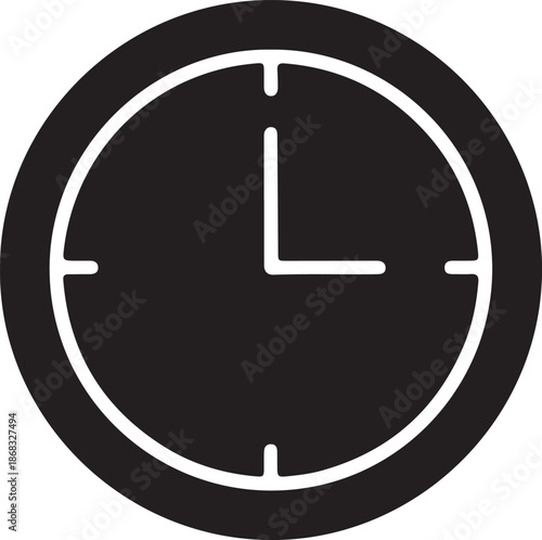 A black and white clock icon with a white outline on a plain background