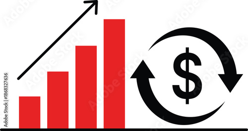 Red bar graph with upward arrow and black dollar sign circular arrows upward trend