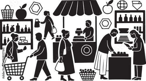 People Shopping at a Market Stall Silhouette Illustration