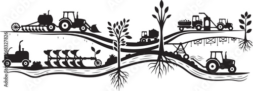 Tractors and farming equipment in agricultural landscape illustration