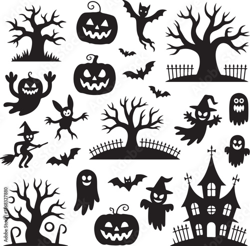 Halloween icons including trees ghosts bats pumpkins and a haunted house