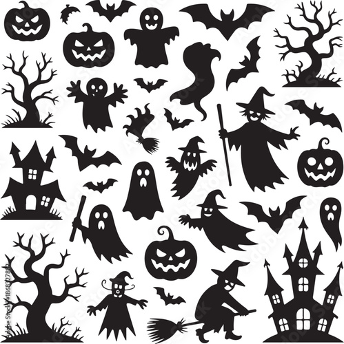 Halloween icons including ghosts bats pumpkins and witches on white background