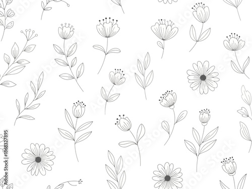 Seamless pattern of handdrawn grey and white line art botanical elements on white