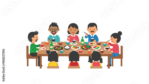 A diverse group of people, including children and adults, sharing a meal around a long table, celebrating.