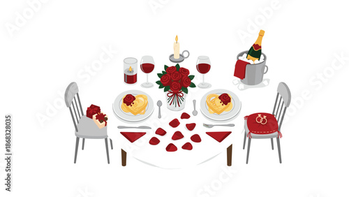 A romantic dinner setting for two with plates of food, wine glasses, a bouquet of roses, and champagne.