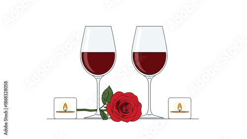 Two glasses of red wine, a red rose, and two lit candles arranged symmetrically, suggesting romance and celebration.