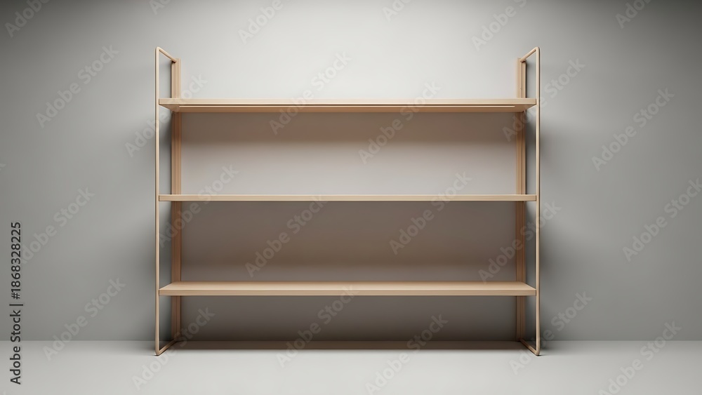 Obraz premium A minimalist light wood four-tier shelving unit standing against a clean gray wall