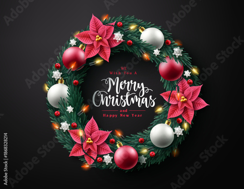 Merry Christmas and happy new year festive wreath with red poinsettia flowers and white baubles on dark background