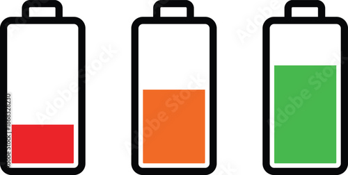 Three battery showing low medium and full charge levels