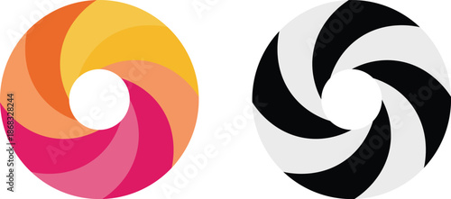 Two abstract circular shapes with swirling curved segments in warm colors and monochrome