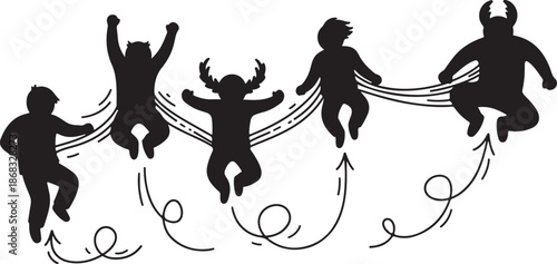 Silhouettes of people jumping in unison together