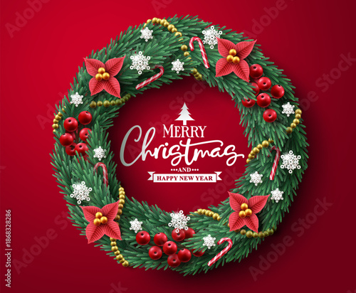 Vibrant red christmas wreath with poinsettia flowers and gold beads