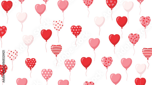 A scattered pattern of red and pink heart-shaped balloons floating against a white background, signifying love.