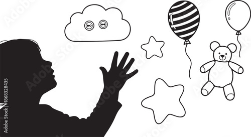 Child Reaching for Dreamy Sky with Balloons and Toys