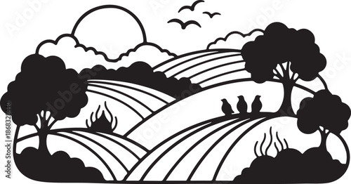 Serene countryside landscape with rolling hills and trees silhouette