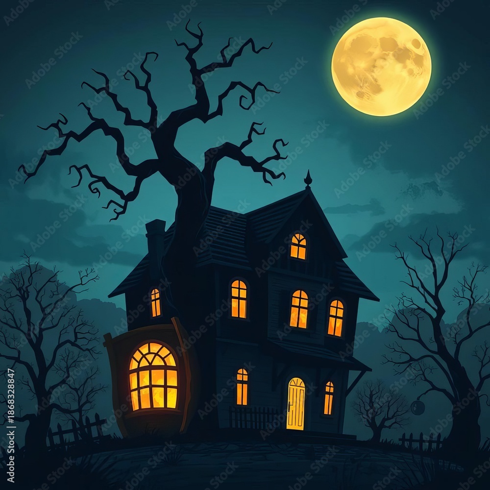 Fototapeta premium Spooky haunted house illustration with glowing windows and a gnarled tree silhouette under a full moon, spooky house, spooky